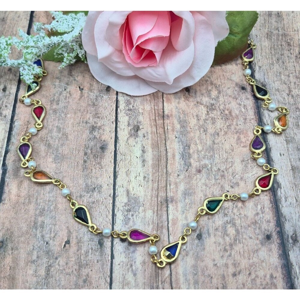 Vintage Station Necklace Gold Tone Faux Mini Pearls Multicolored Bezel Set Teard